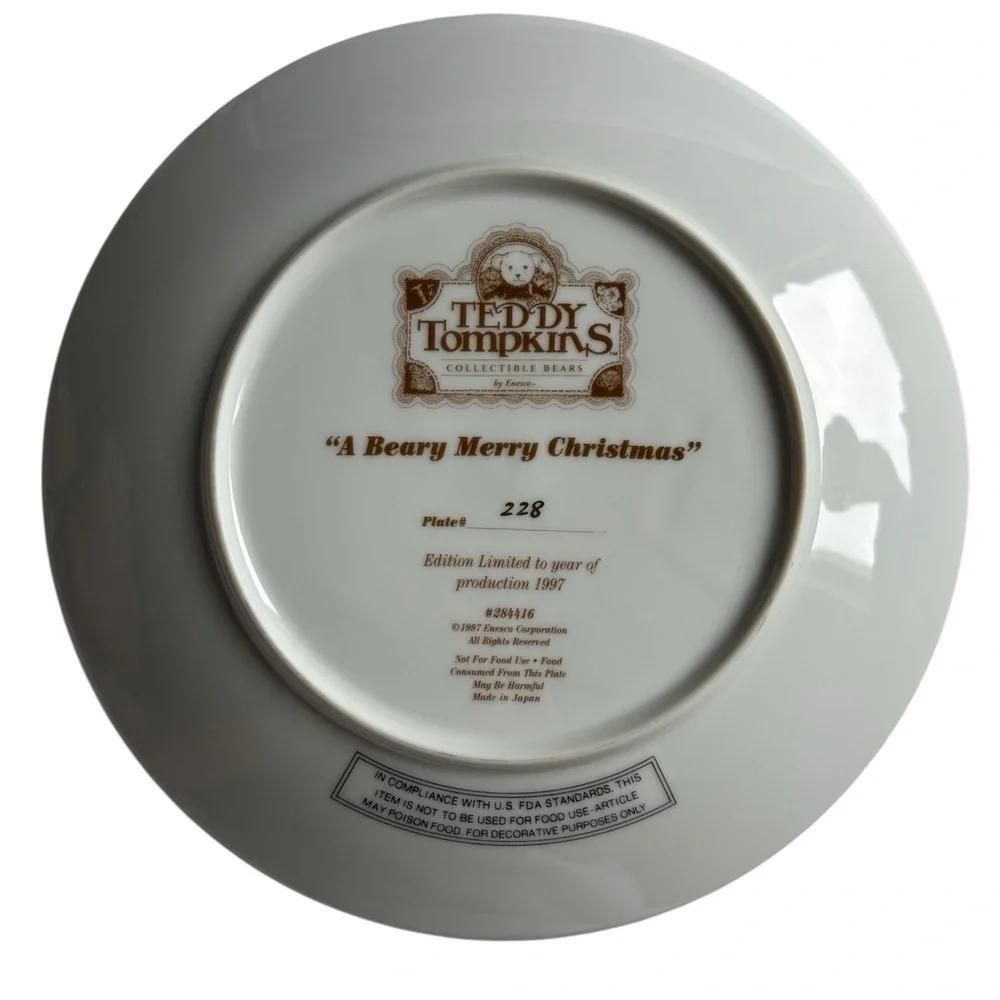1997 Enesco Limited Edition Teddy Tompkins 8 1/4” Plate A Beary Merry Christmas